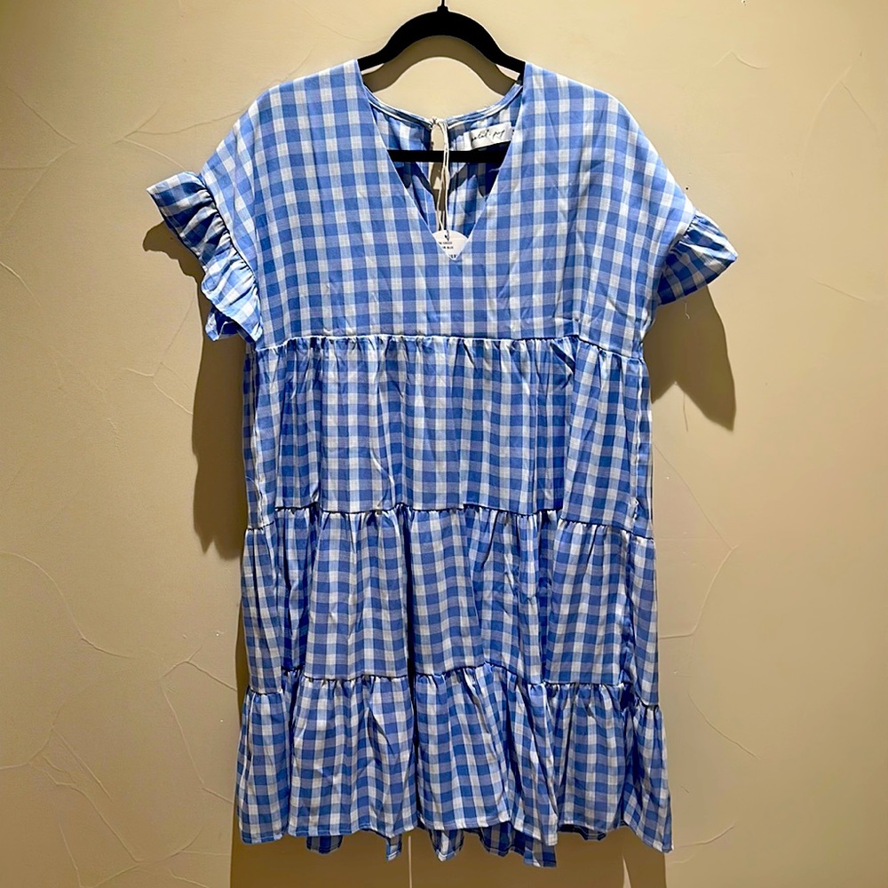 Blue and white gingham flowy dress petal & pup. New never worn.